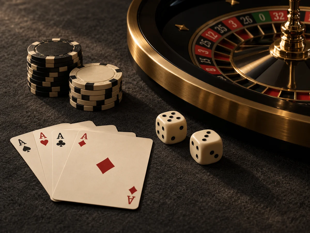Playing cards, ivory dice and a brass-edged roulette wheel on a dark tabletop